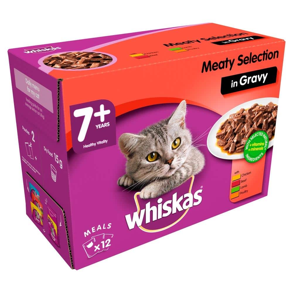48 x 100g Whiskas 7+ Senior Wet Cat Food Pouches Mixed Meaty In Gravy ...