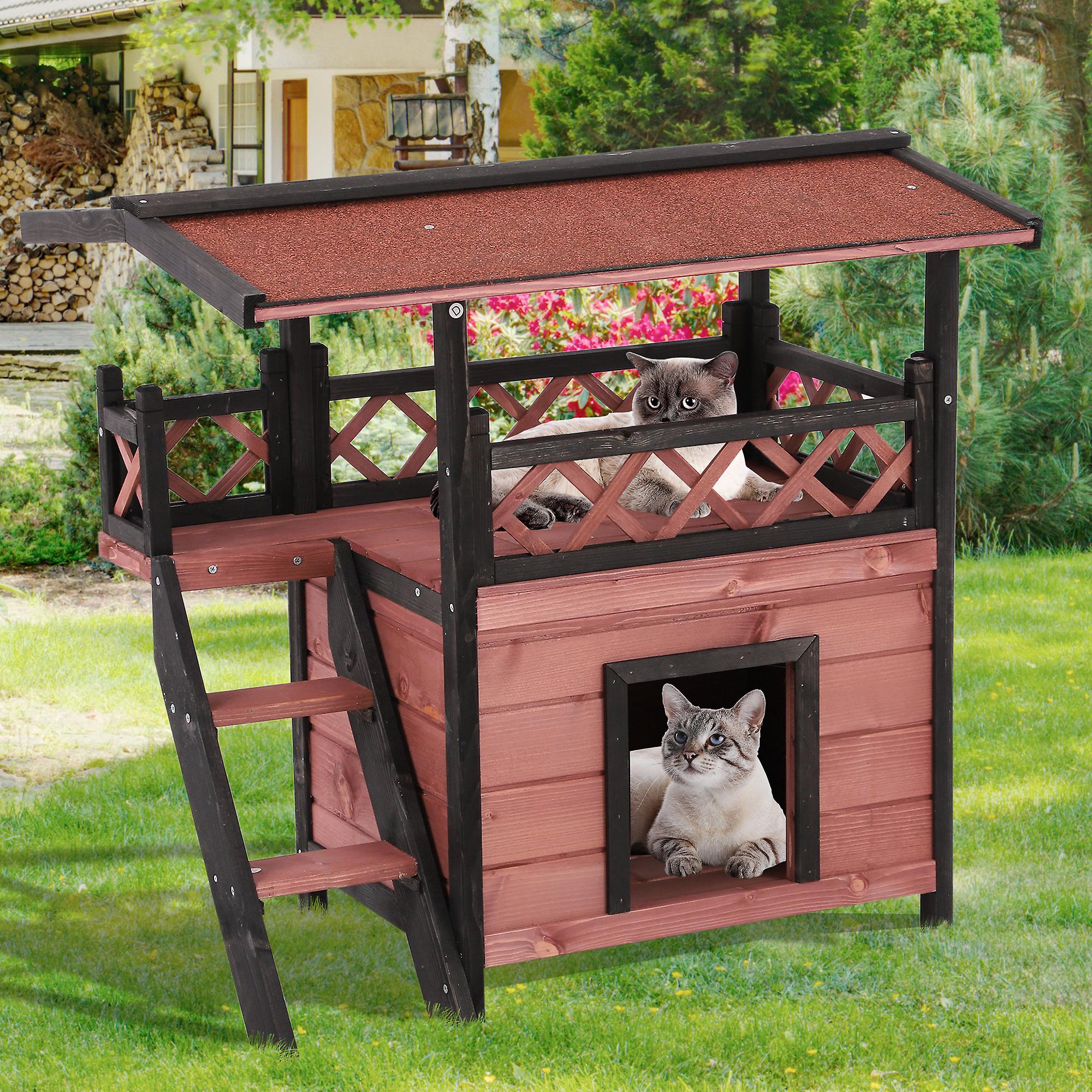 PawHut Wooden Cat House Outdoor Luxury Room Weatherproof Shelter with ...